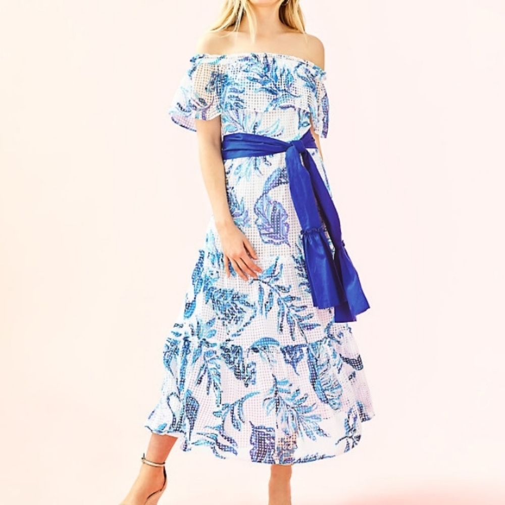 Lilly Pulitzer White and Blue Off-Shoulder Floral Midi Dress with Sash